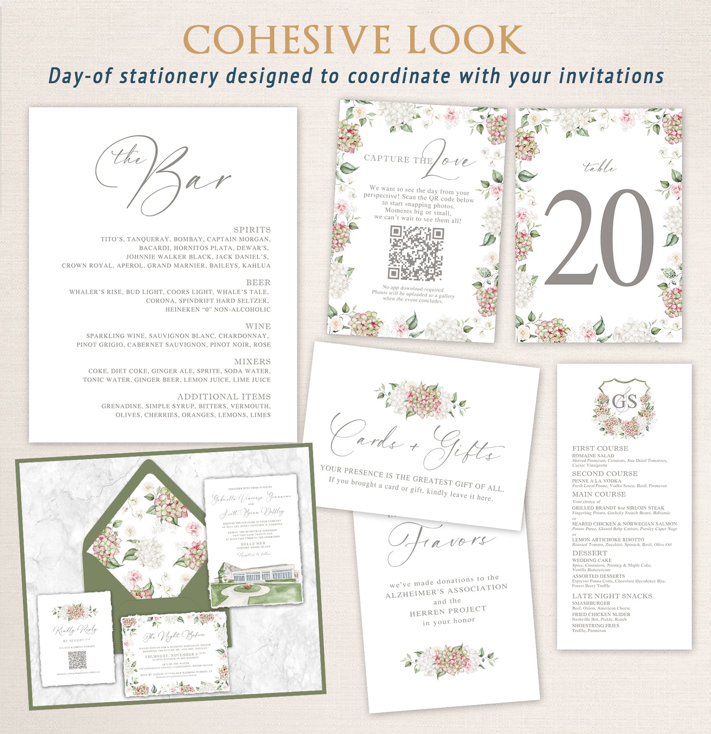 Coordinated day-of wedding stationery suite with bar menu, table numbers, cards and gifts signage, QR photo sharing sign, and menu card, featuring soft watercolor florals to match custom invitations.