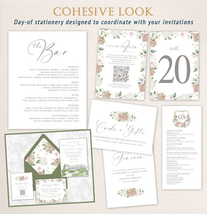 Coordinated day-of wedding stationery suite with bar menu, table numbers, cards and gifts signage, QR photo sharing sign, and menu card, featuring soft watercolor florals to match custom invitations.