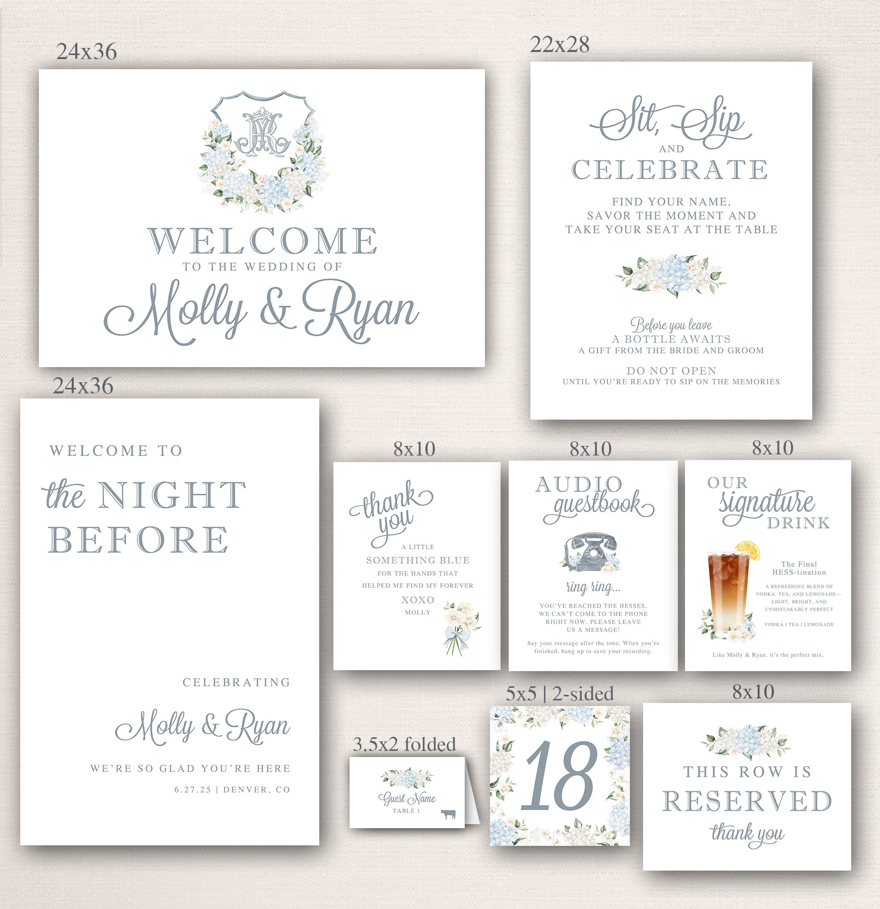 Assorted wedding day signage in various sizes including welcome signs, reserved seating cards, table numbers, thank-you signs, and drink menus with coordinating blue floral designs and elegant typography.