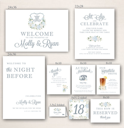 Assorted wedding day signage in various sizes including welcome signs, reserved seating cards, table numbers, thank-you signs, and drink menus with coordinating blue floral designs and elegant typography.