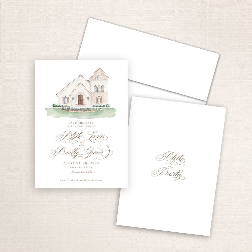 Custom watercolor Save the Date card featuring hand-painted illustration of Deep in the Heart Farms in Brenham, Texas. Personalized wedding stationery with elegant venue artwork.