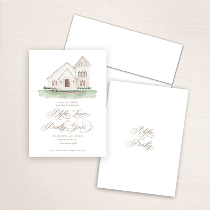 Custom watercolor Save the Date card featuring hand-painted illustration of Deep in the Heart Farms in Brenham, Texas. Personalized wedding stationery with elegant venue artwork.