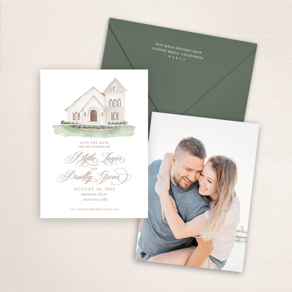Custom watercolor Save the Date card featuring hand-painted illustration of Deep in the Heart Farms in Brenham, Texas. Personalized wedding stationery with elegant venue artwork and matching envelopes.