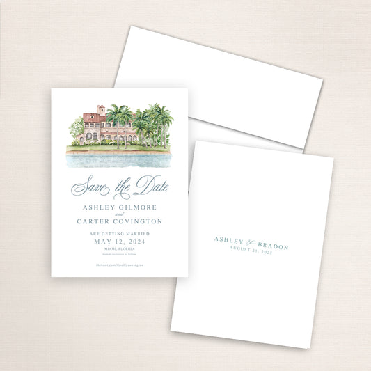 Custom watercolor Save the Date card featuring hand-painted illustration of Deering Estate in Miami, Florida, personalized wedding stationery with elegant venue artwork.