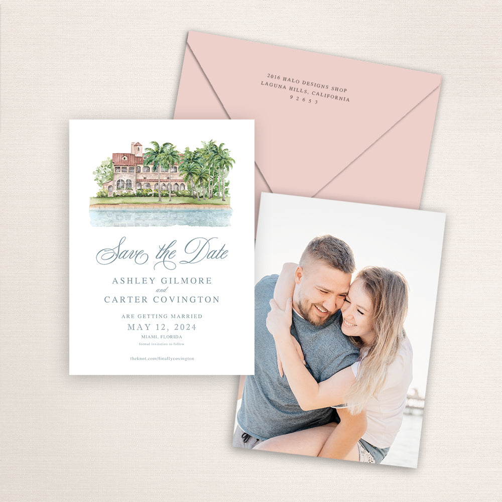 Custom watercolor Save the Date card featuring hand-painted illustration of Deering Estate in Miami, Florida, personalized wedding stationery with elegant venue artwork with matching envelope. 