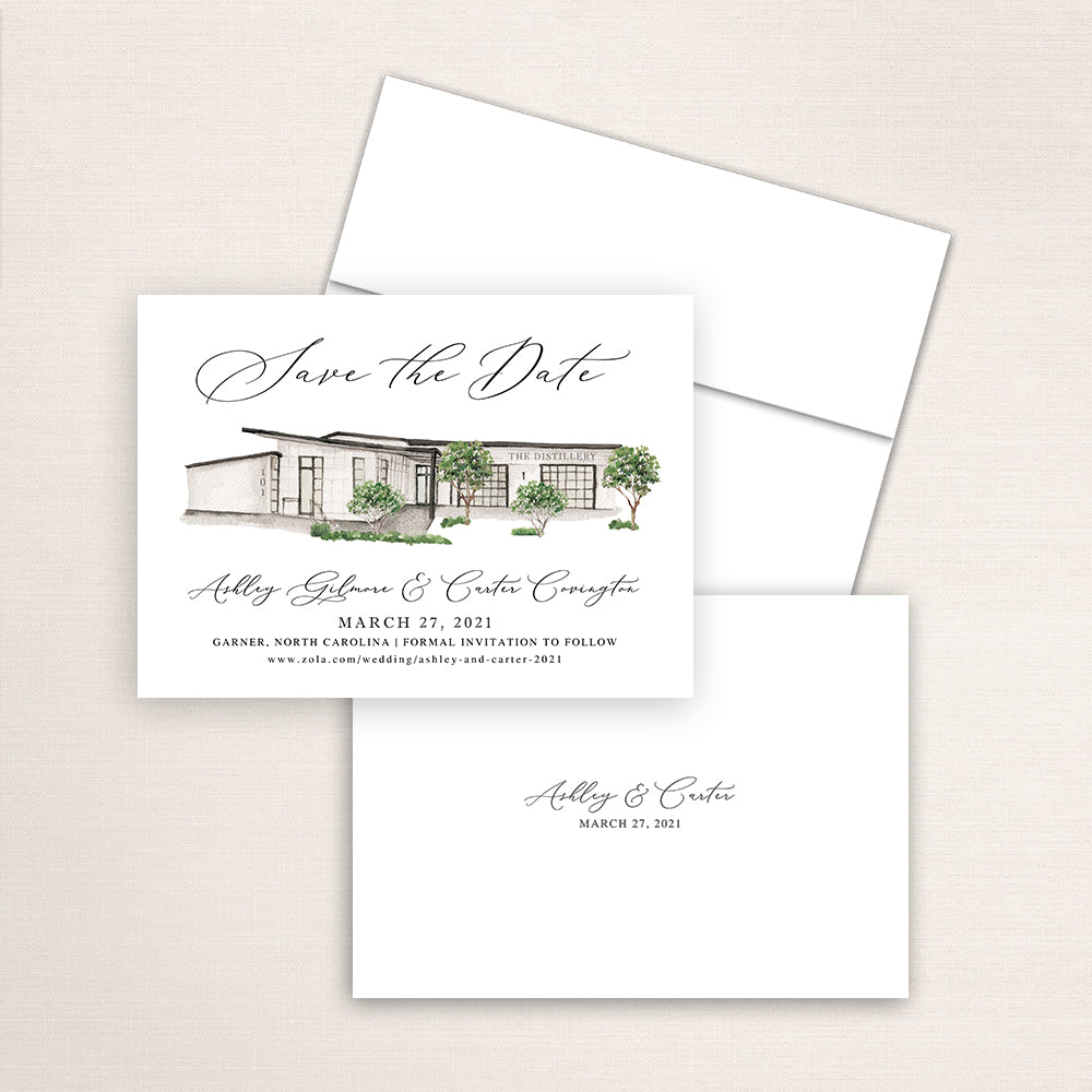 Custom watercolor Save the Date card featuring hand-painted venue illustration of the Distillery in Garner, North Carolina, personalized wedding stationery with elegant venue artwork. 