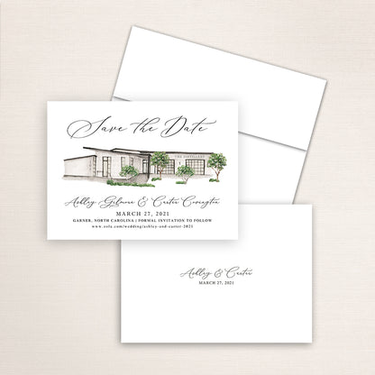 Custom watercolor Save the Date card featuring hand-painted venue illustration of the Distillery in Garner, North Carolina, personalized wedding stationery with elegant venue artwork. 
