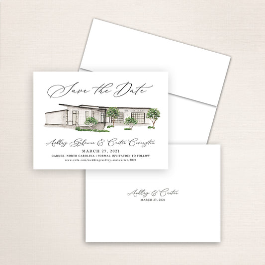 Custom watercolor Save the Date card featuring hand-painted venue illustration of the Distillery in Garner, North Carolina, personalized wedding stationery with elegant venue artwork. 