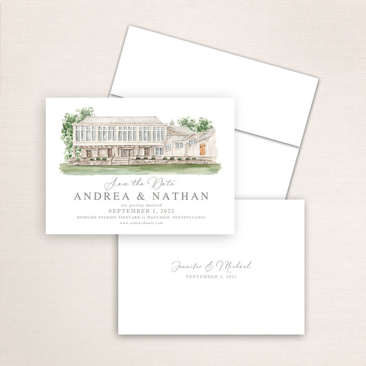 Custom watercolor Save the Date card featuring hand-painted illustration of Domain Pterion Vineyard in Macungie, Pennsylvania, personalized wedding stationery with elegant venue artwork.