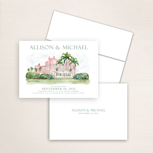 Custom watercolor Save the Date card featuring hand-painted illustration of Don Cesar in St. Pete Beach, Florida. Personalized wedding stationery with elegant venue artwork.