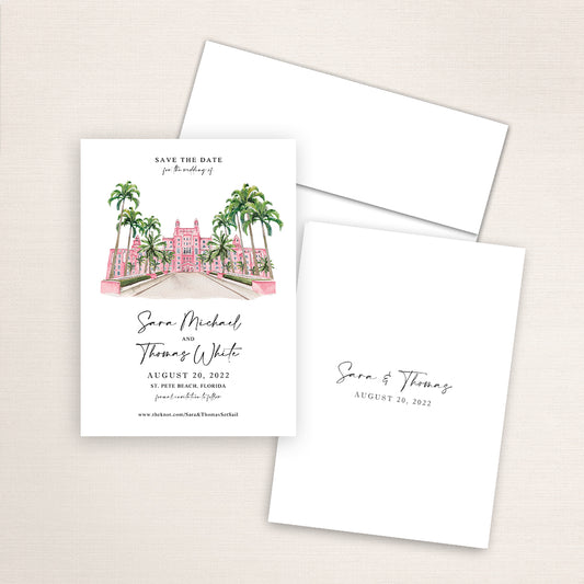 Custom watercolor Save the Date card featuring hand-painted illustration of Don Cesar in St. Pete Beach, Florida, personalized wedding stationery with elegant venue artwork.