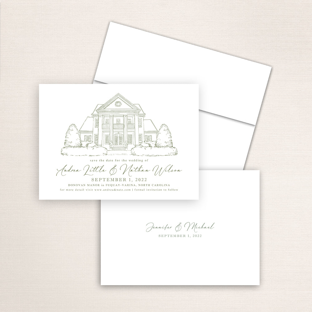 Custom Sketch Save the Date card featuring hand-drawn illustration of Donovan Manor in Fuquay-Varina, North Carolina, personalized wedding stationery with elegant venue artwork.