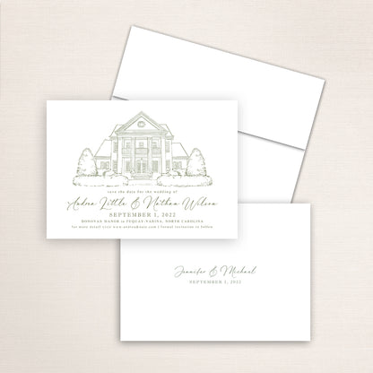 Custom Sketch Save the Date card featuring hand-drawn illustration of Donovan Manor in Fuquay-Varina, North Carolina, personalized wedding stationery with elegant venue artwork.