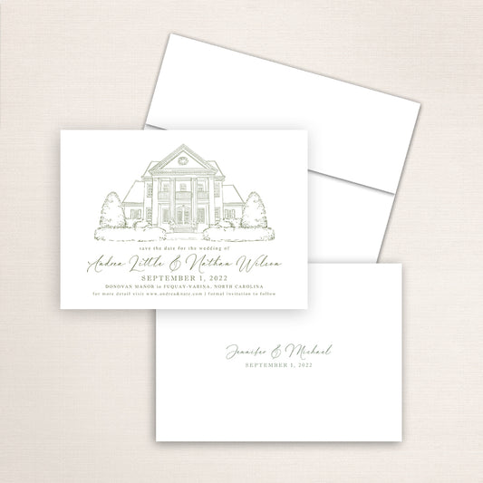 Custom Sketch Save the Date card featuring hand-drawn illustration of Donovan Manor in Fuquay-Varina, North Carolina, personalized wedding stationery with elegant venue artwork.