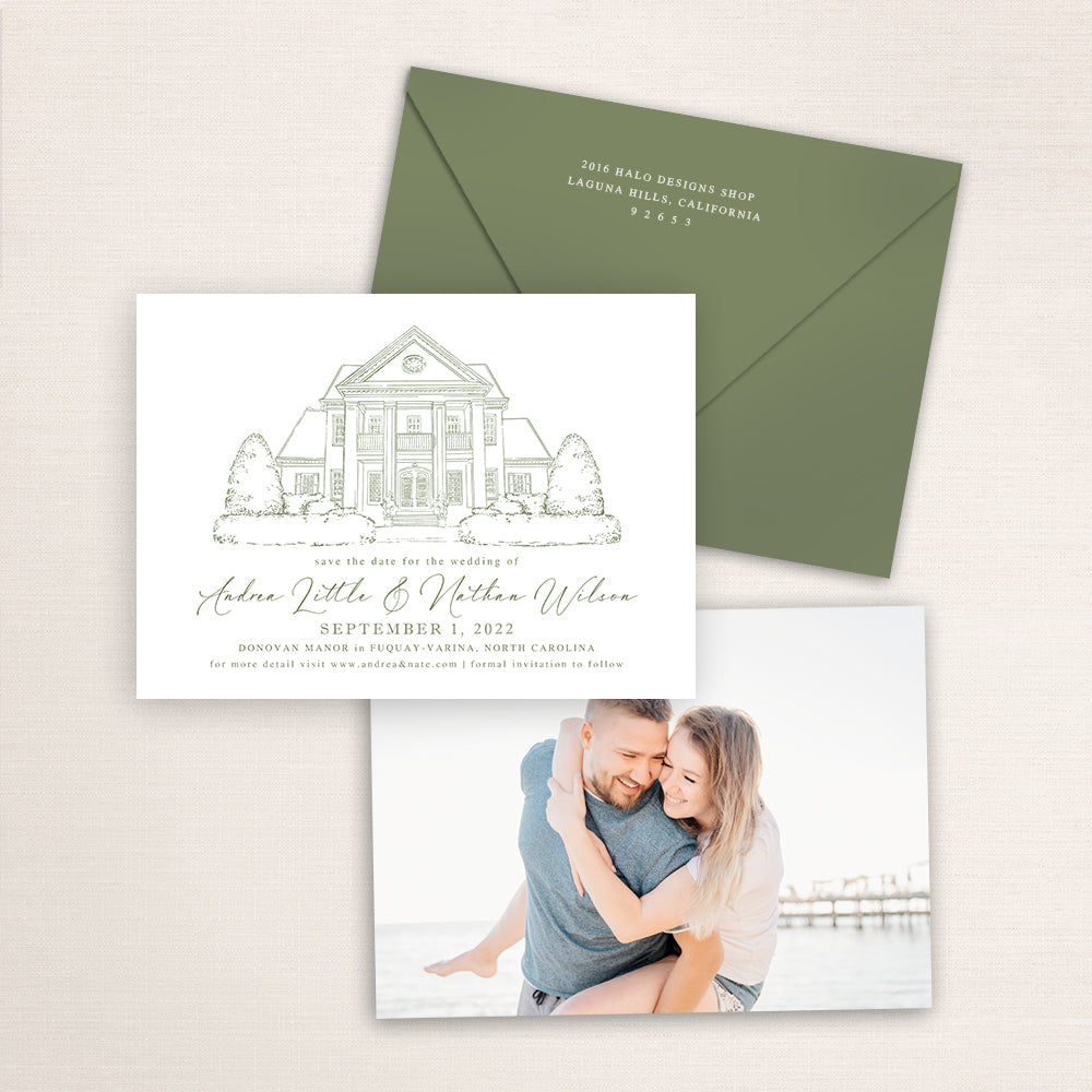 Custom Sketch Save the Date card featuring hand-drawn illustration of Donovan Manor in Fuquay-Varina, North Carolina, personalized wedding stationery with elegant venue artwork with matching envelope.