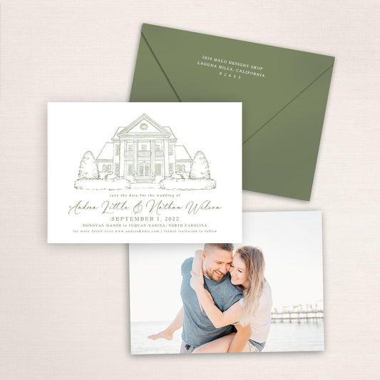 Custom Sketch Save the Date card featuring hand-drawn illustration of Donovan Manor in Fuquay-Varina, North Carolina, personalized wedding stationery with elegant venue artwork with matching envelope.