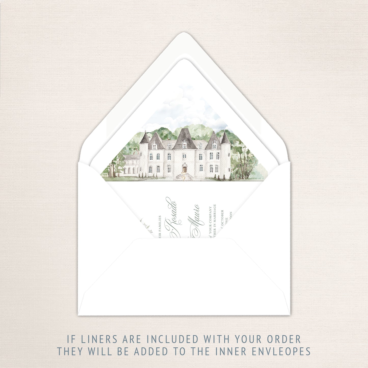 Basic plain white double envelope set with the inner envelope inside the outer envelope. The inner envelope has an envelope liner added and an invitation inserted.