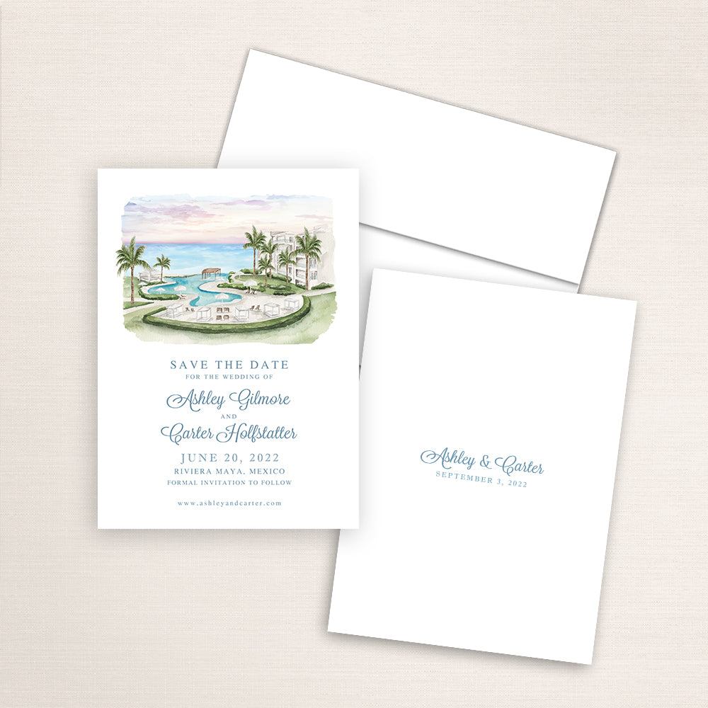 Custom watercolor Save the Date card featuring hand-painted illustration of Dreams Jade Resort in Riviera Maya, Mexico, personalized wedding stationery with elegant venue artwork.