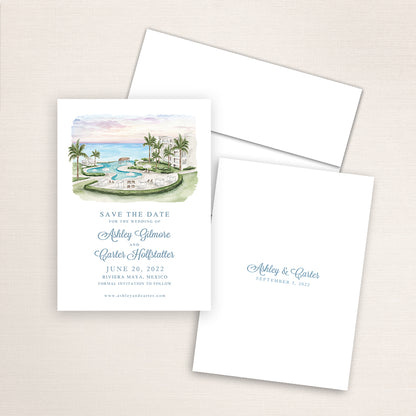 Custom watercolor Save the Date card featuring hand-painted illustration of Dreams Jade Resort in Riviera Maya, Mexico, personalized wedding stationery with elegant venue artwork.