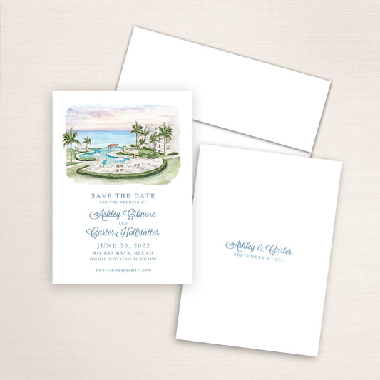 Custom watercolor Save the Date card featuring hand-painted illustration of Dreams Jade Resort in Riviera Maya, Mexico, personalized wedding stationery with elegant venue artwork.
