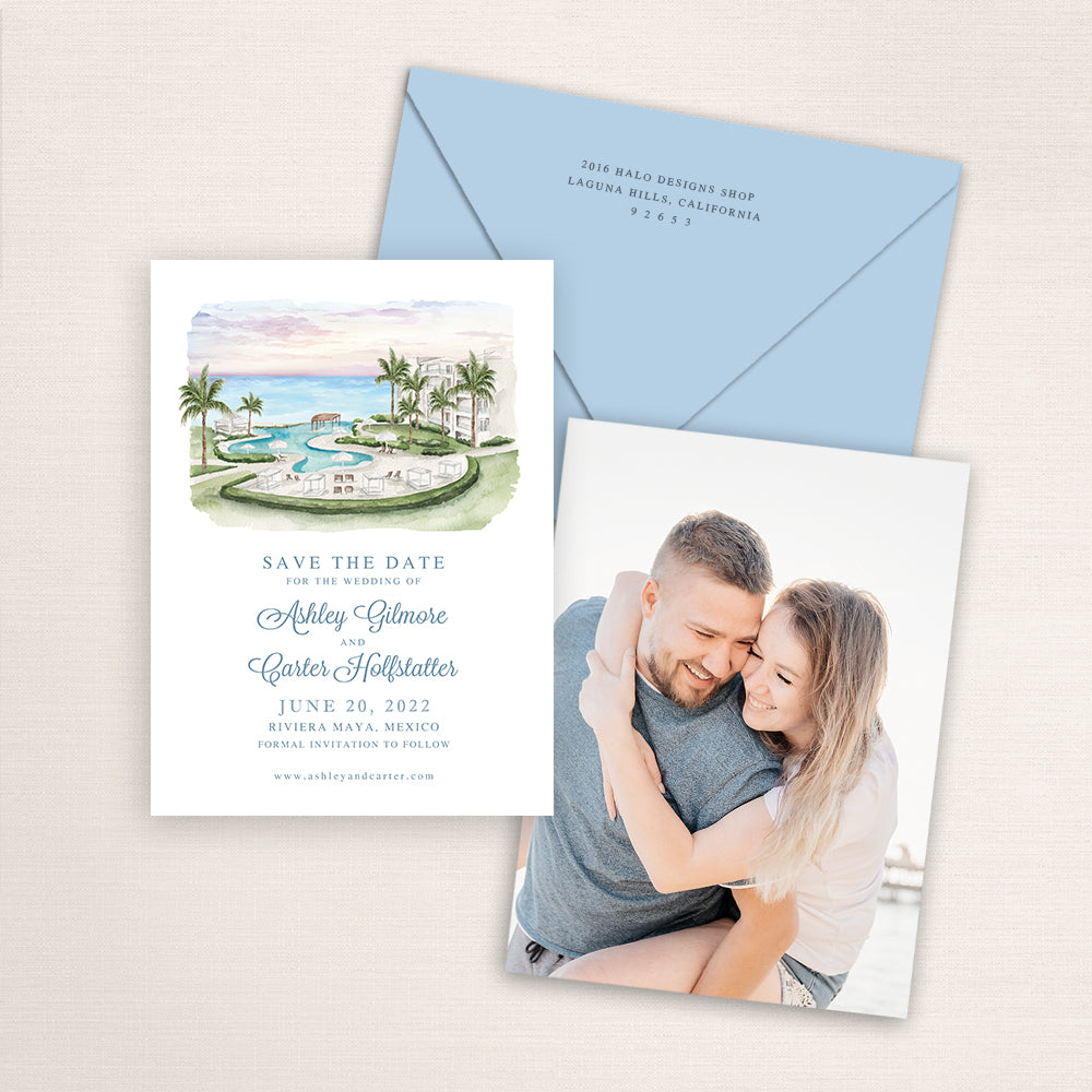 Custom watercolor Save the Date card featuring hand-painted illustration of Dreams Jade Resort in Riviera Maya, Mexico, personalized wedding stationery with elegant venue artwork with matching envelope.