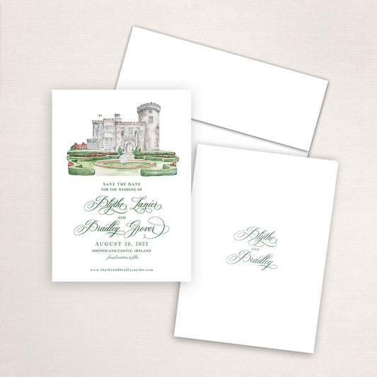 Custom watercolor Save the Date card featuring hand-painted illustration of Dromoland Castle, Ireland, personalized wedding stationery with elegant venue artwork.