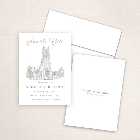 Custom sketch Save the Date card featuring hand-drawn venue illustration of Duke University Chapel  in Duram,  North Carolina personalized wedding stationery with elegant venue artwork. 