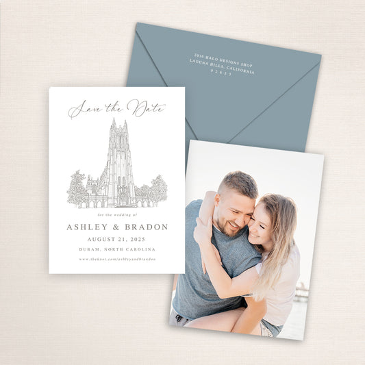 Custom sketch Save the Date card featuring hand-drawn venue illustration of Duke University Chapel  in Duram,  North Carolina personalized wedding stationery with elegant venue artwork with envelopes.