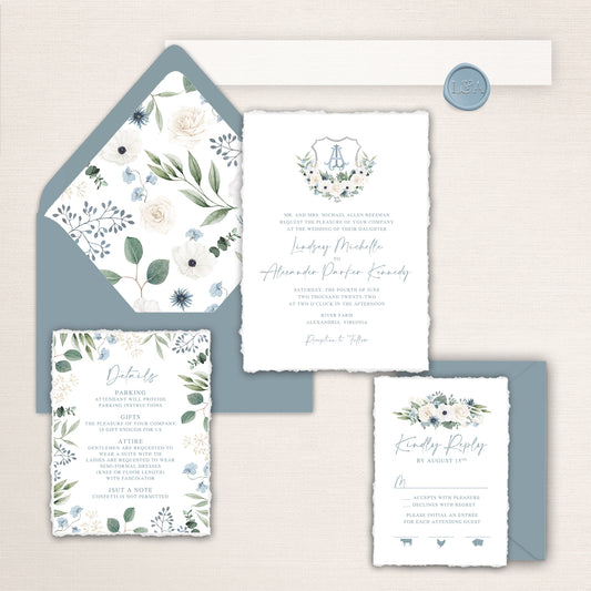 Dusty blue and green wedding invitation suite with watercolor floral and crest illustrations with matching  envelope liner, RSVP and details cards.