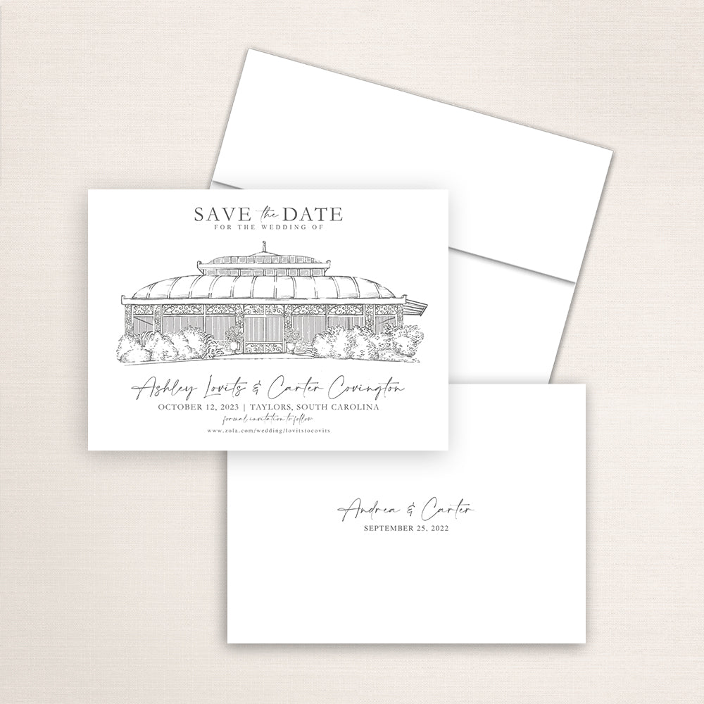 Custom Sketch Save the Date card featuring hand-drawn illustration of Edinburgh West in Taylors, South Carolina, personalized wedding stationery with elegant venue artwork.