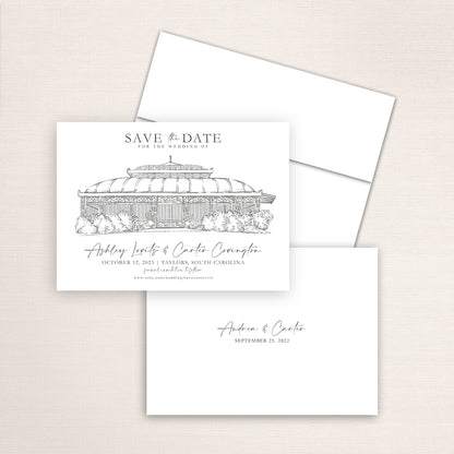 Custom Sketch Save the Date card featuring hand-drawn illustration of Edinburgh West in Taylors, South Carolina, personalized wedding stationery with elegant venue artwork.