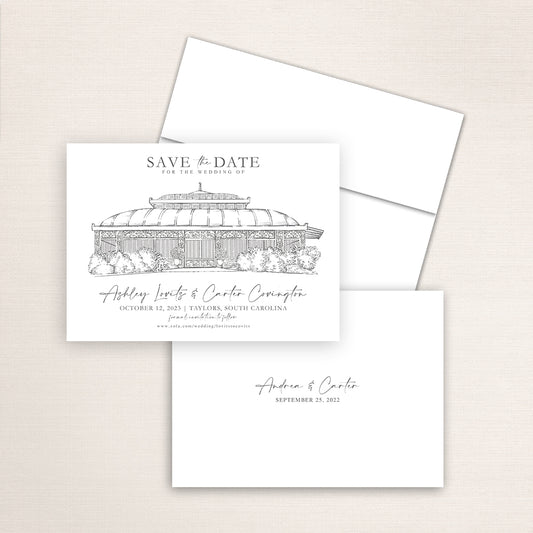 Custom Sketch Save the Date card featuring hand-drawn illustration of Edinburgh West in Taylors, South Carolina, personalized wedding stationery with elegant venue artwork.