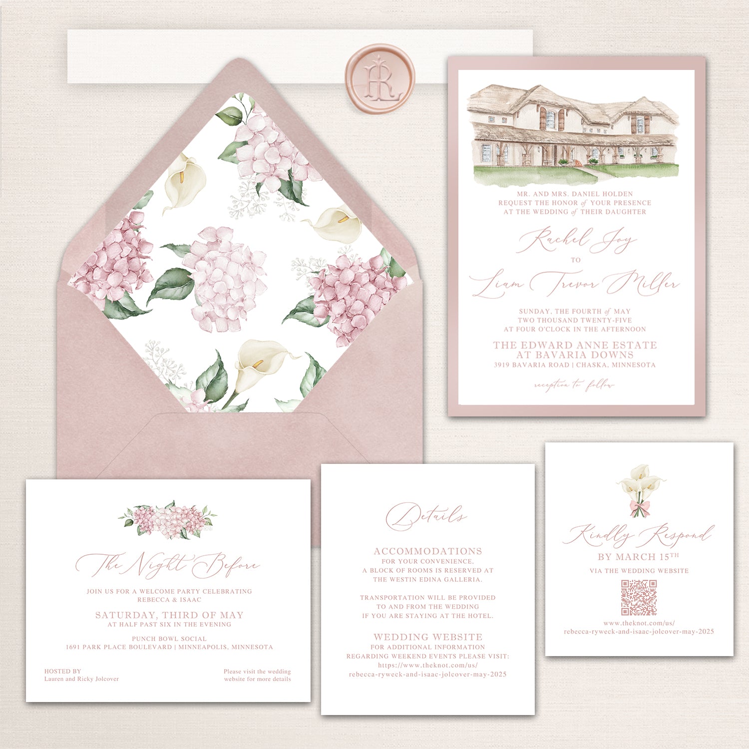 Wedding invitation suite with watercolor illustration of Edward Anne Estate at Bavaria Downs, pink floral envelope liner, and coordinating stationery.