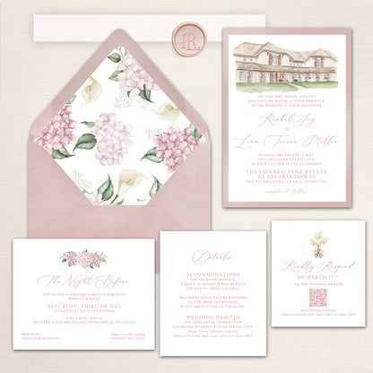 Wedding invitation suite with watercolor illustration of Edward Anne Estate at Bavaria Downs, pink floral envelope liner, and coordinating stationery.