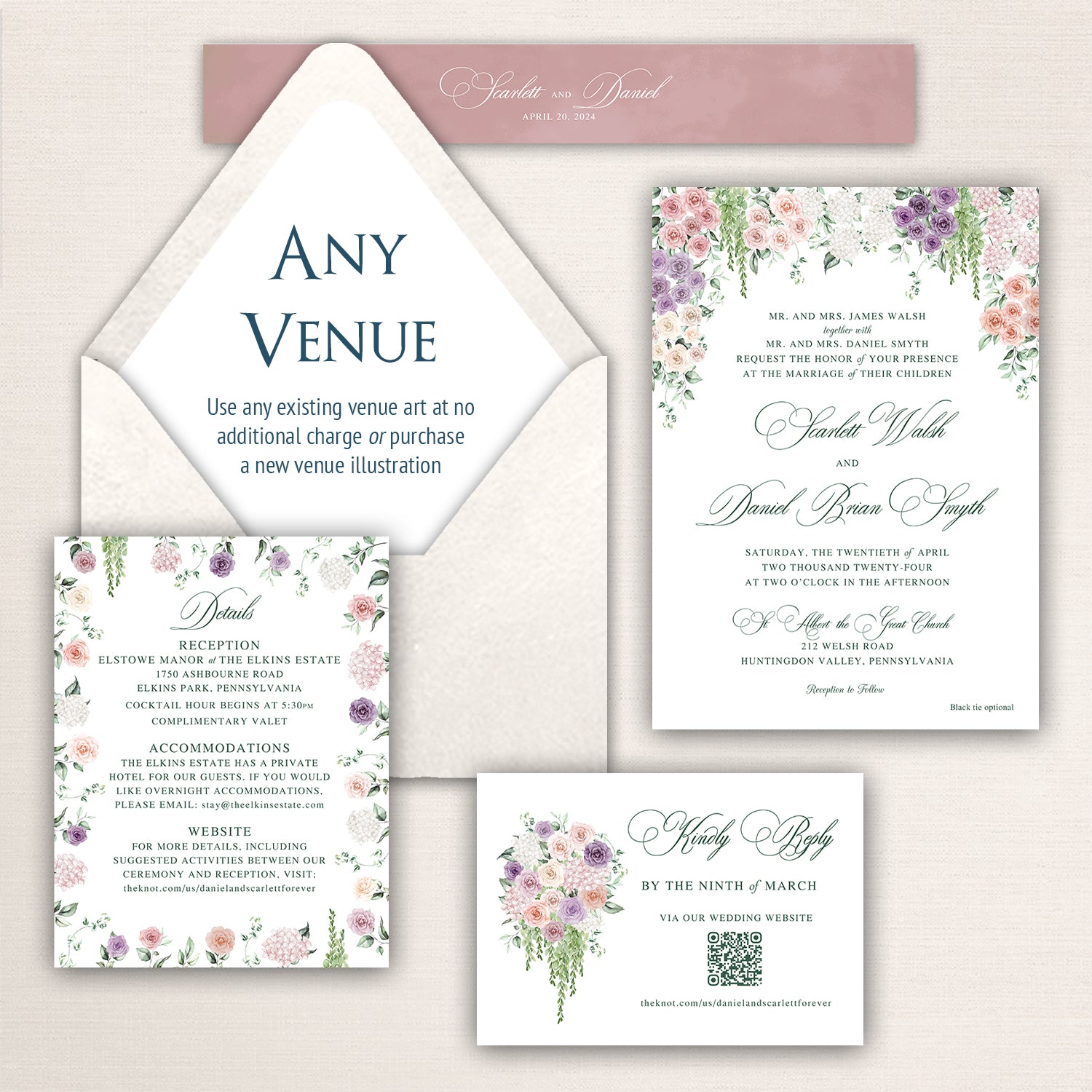 Customizable floral wedding invitation suite featuring “Any Venue” artwork option, blush pink belly band, romantic floral invitation design with pastel roses and greenery, matching details card, RSVP card with QR code, and elegant calligraphy typography in soft sage and blush tones.