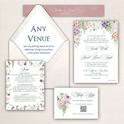 Customizable floral wedding invitation suite featuring “Any Venue” artwork option, blush pink belly band, romantic floral invitation design with pastel roses and greenery, matching details card, RSVP card with QR code, and elegant calligraphy typography in soft sage and blush tones.