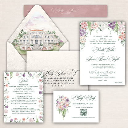 Romantic floral wedding invitation suite featuring a watercolor illustration of Elstowe Manor at the Elkins Estate, blush pink belly band, floral border invitation card with elegant calligraphy, matching details card, RSVP card with QR code, and coordinating envelope liner with pastel watercolor venue artwork.
