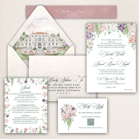 Romantic floral wedding invitation suite featuring a watercolor illustration of Elstowe Manor at the Elkins Estate, blush pink belly band, floral border invitation card with elegant calligraphy, matching details card, RSVP card with QR code, and coordinating envelope liner with pastel watercolor venue artwork.