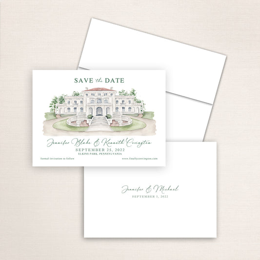 Custom watercolor Save the Date card featuring hand-painted illustration of Elstowe Manor at Elkins Estate in Elkins Park, Pennsylvania, personalized wedding stationery with elegant venue artwork.