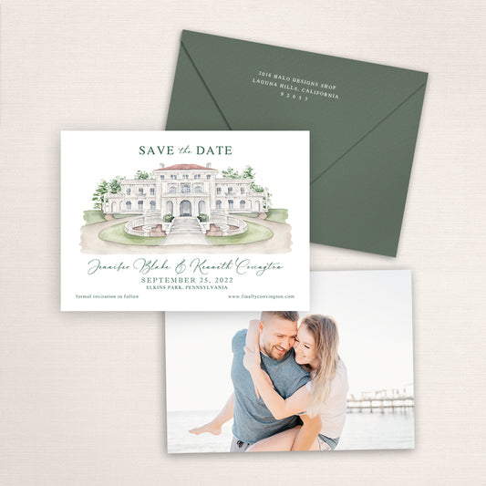 Custom watercolor Save the Date card featuring hand-painted illustration of Elstowe Manor at Elkins Estate in Elkins Park, Pennsylvania, personalized wedding stationery with elegant venue artwork with matching envelope.