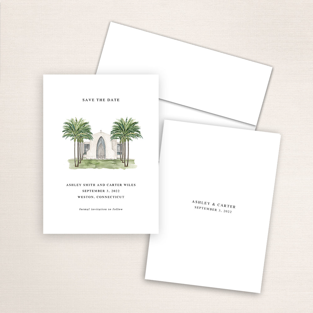 Custom watercolor Save the Date card featuring hand-painted illustration of Epiphany Catholic Church in Weston, Connecticut, personalized wedding stationery with elegant venue artwork.
