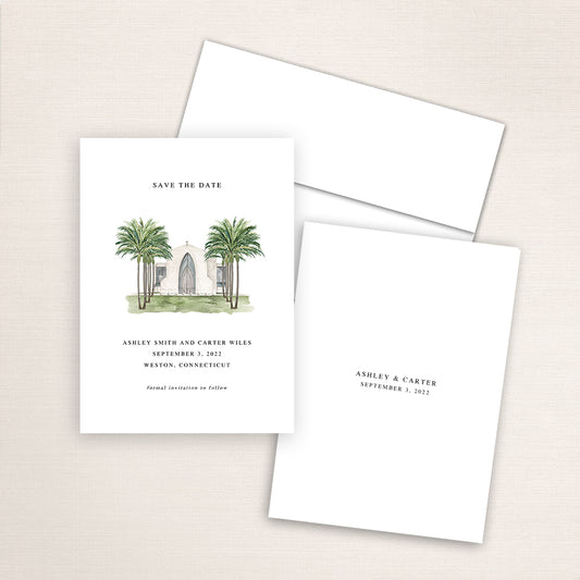 Custom watercolor Save the Date card featuring hand-painted illustration of Epiphany Catholic Church in Weston, Connecticut, personalized wedding stationery with elegant venue artwork.