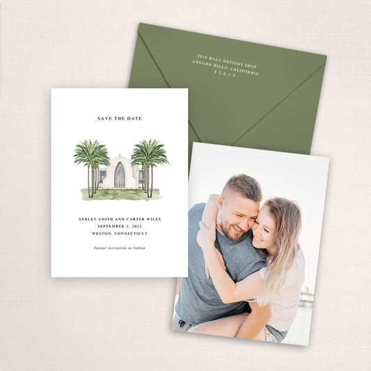 Custom watercolor Save the Date card featuring hand-painted illustration of Epiphany Catholic Church in Weston, Connecticut, personalized wedding stationery with elegant venue artwork.