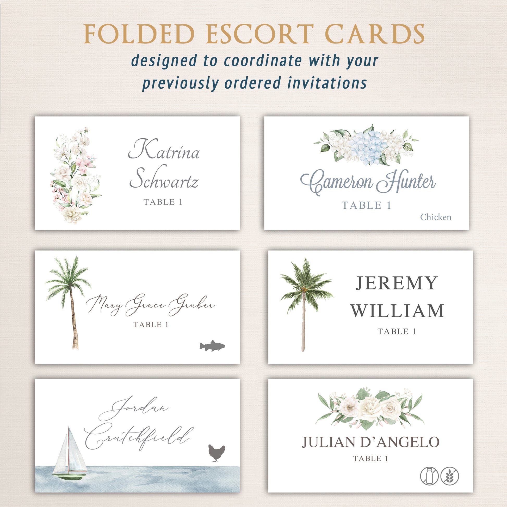 Set of folded watercolor escort cards with assorted floral, coastal, and botanical designs. Each card features guest names, table numbers, and optional meal icons to coordinate with wedding stationery suites.