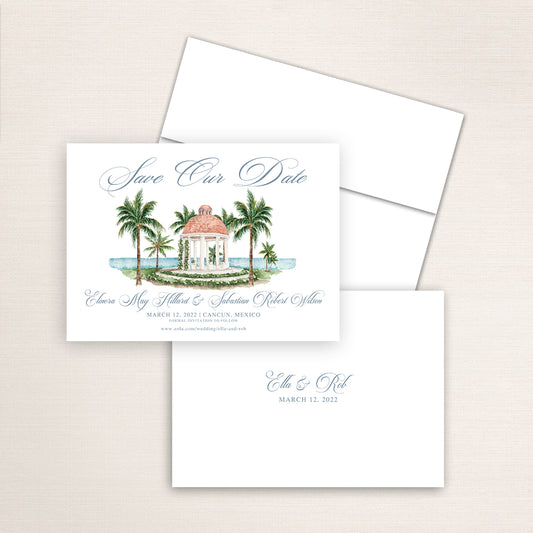 Custom watercolor Save the Date card featuring hand-painted illustration of Excellence Riviera in Cancun, Mexico, personalized wedding stationery with elegant venue artwork.