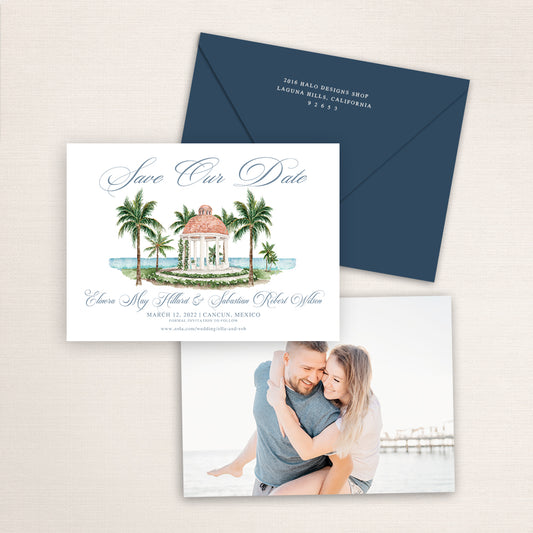 Custom watercolor Save the Date card featuring hand-painted illustration of Excellence Riviera in Cancun, Mexico, personalized wedding stationery with elegant venue artwork with matching envelope.