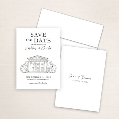 Custom Sketch Save the Date card featuring hand-drawn illustration of First Baptist Church of Charleston in Charleston, North Carolina, personalized wedding stationery with elegant venue artwork.