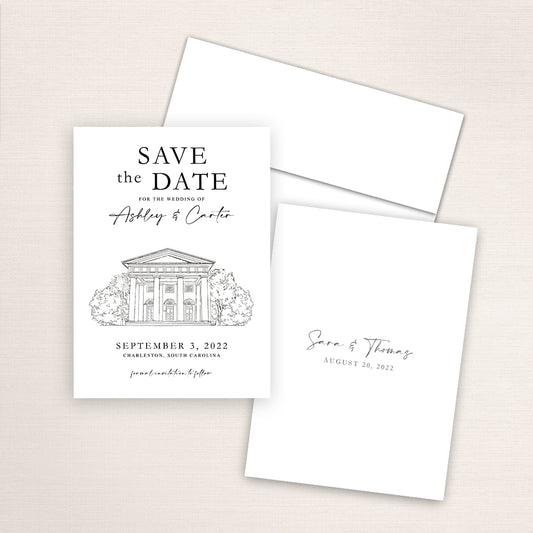 Custom Sketch Save the Date card featuring hand-drawn illustration of First Baptist Church of Charleston in Charleston, North Carolina, personalized wedding stationery with elegant venue artwork.