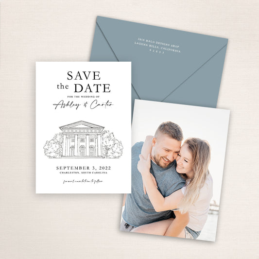 Custom Sketch Save the Date card featuring hand-drawn illustration of First Baptist Church of Charleston in Charleston, North Carolina, personalized wedding stationery with elegant venue artwork with matching envelope.