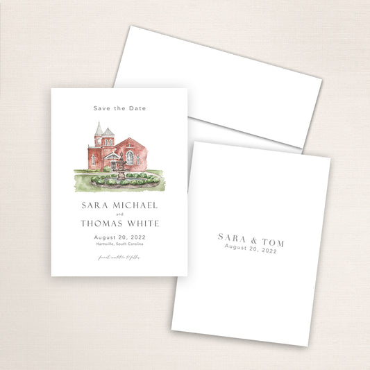 Custom watercolor Save the Date card featuring hand-painted illustration of First Presbyterian Church in Hartsville, South Carolina, personalized wedding stationery with elegant venue artwork.
